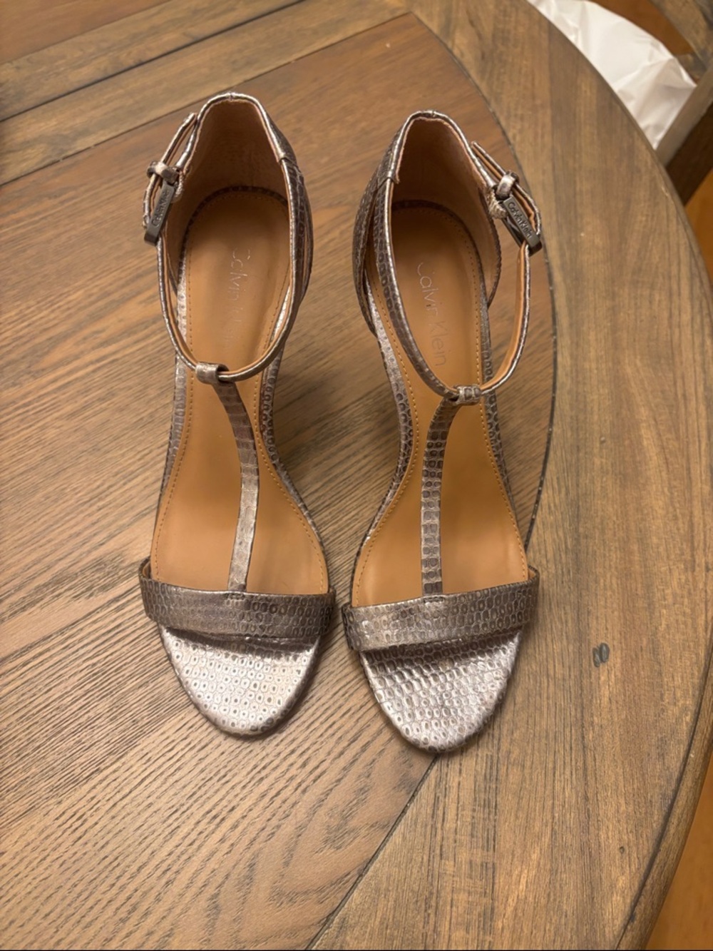 Calvin Klein Metallic Taupe T-Strap Heeled Sandals